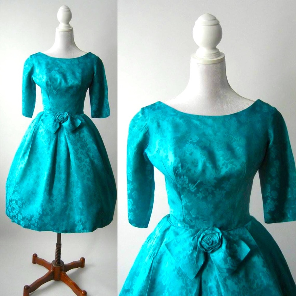 Vintage 1950 Teal Satin Damask Dress